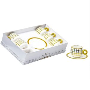 Set 6 tazas, 6 platos de porcelana, diseño cuadricula(KX 2961N1-W-12S)