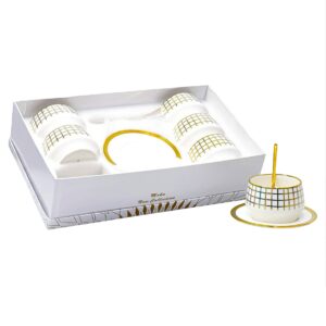 Set 6 mini bowl, 6 platos y cucharas de porcelana,diseño cuadricula (KX 2961N1-18S)