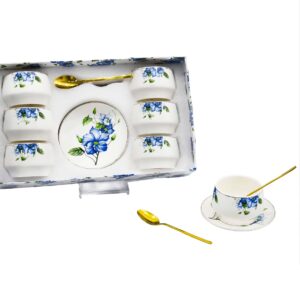 Set 6 mini bowl, 6 platos, 6 cucharas, porcelana,diseño flor azul (KX 2899-BU-18S)