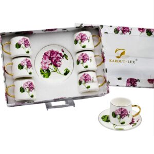 Set 6 tazas, 6 platos de porcelana, diseño flor rosa(KX 2899-HO-12S)