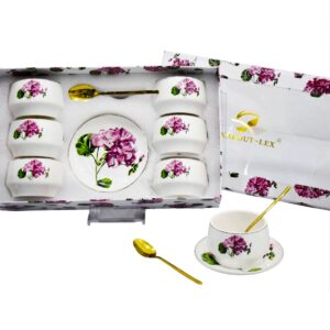 Set 6 mini bowl, 6 platos y cucharas de porcelana,diseño flor rosa (KX 2899-HO-18S)