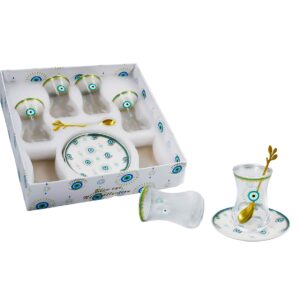Set 6 vasos vidrio, 6 platos porcelana y 6 cucharas,diseño ojo turco, caja blanca (KX 2663-S-EYW-18S)