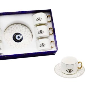 Set 6 tazas, 6 platos porcelana, diseño ojo turco,caja azul (KX 2739BE-12S)