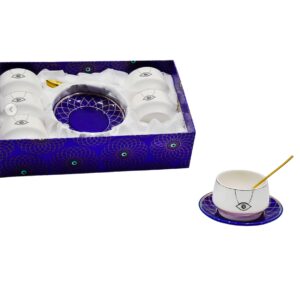 Set 6 mini bowl, 6 platos de porcelana, 6 cucharas,diseño ojo turco, caja azul (KX 2738-W&BU-18S)