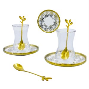 Set 6 vasos de vidrio, 6 platos porcelana blanca y cucharasdiseño Artnouveau (KX 3023GT-S-W-18S)