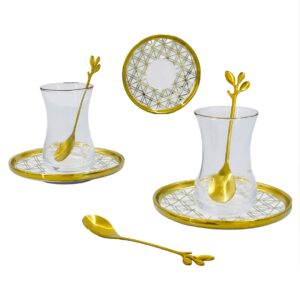 Set 6 vasos de vidrio, 6 platos de porcelana y cucharas,diseño rombos (KX 3023SX-S-W-18S)