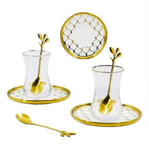 Set 6 vasos de vidrio, 6 platos de porcelana y cucharas,diseño de malla (KX 3023WG-S-W-18S)