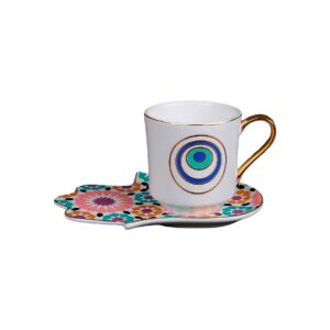 Taza blanca ojo turco, plato mano fatima floreado(ZHBD0564)