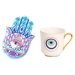 Taza blanca ojo turco, plato mano fatima Celeste(ZHBD0565)