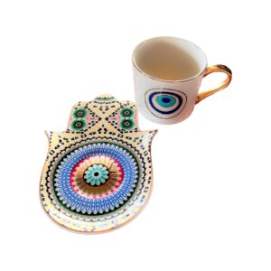 Taza blanca ojo turco, plato mano fatima multicolor(ZHBD0566)