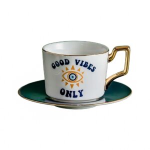 Taza blanca ojo '' GOOD VIBES'', plato ojo turco azul(ZHBD-CF0153)