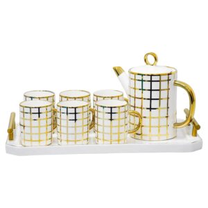 Set de té de porcelana, 1 tetera, 1 bandeja y  6 tazas, diseño cuadricula KX3183N-1
