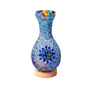 Lámpara de jarrón pequeño blanco con azul, estrella y linea lateral(E3)