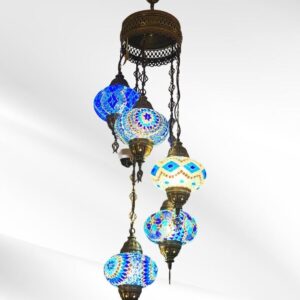 Lámpara turca de techo en espiral 5 globos de 7 pulg colores azules.  Con tapa y sin arcilla