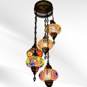 Lámpara turca de techo en espiral con 5 globos de 7 plg multicolor.  Con tapa y sin arcilla