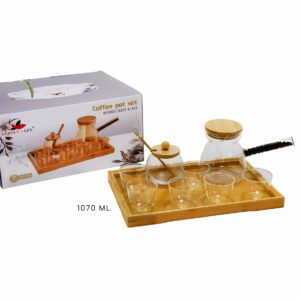 Set café turco de vidrio blanco, 1 cafetera,1 azucarera, 6 tazas y bandeja de bambú(KX 222-40)