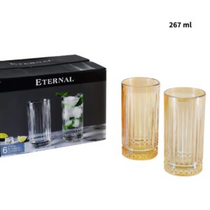 Set 6 vasos de vidrio 267ml Eternal ( KX QY1366)  AMBAR y TRANSPARENTE