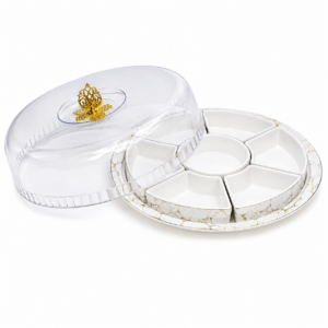 Bandeja porcelana + 6 divisiones + tapa , diseño grietas(KX 2459-W-8S)