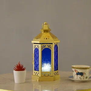 Farol vintage Dorado con vitral azul