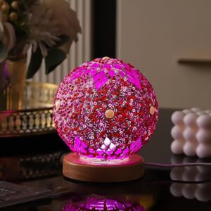 Lampara de mesa esférica, diseño vitral estrella rosa y perlas, Mostacilla rosa (Morocco powder)
